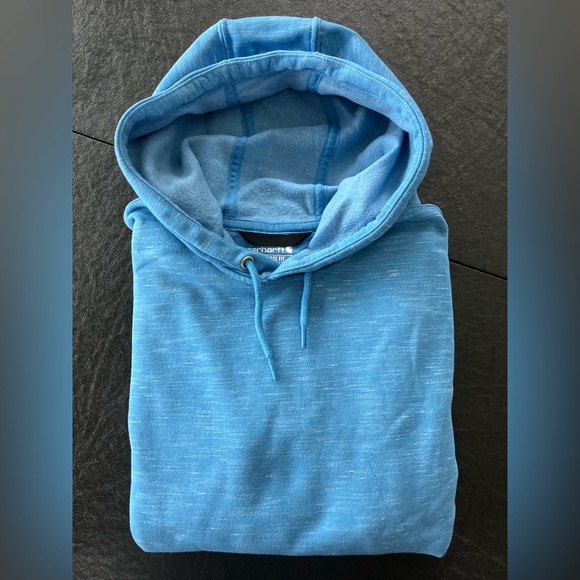 Men's light blue Carhartt Hoodie with white sleeve lettering. Size M - Picture 4 of 6